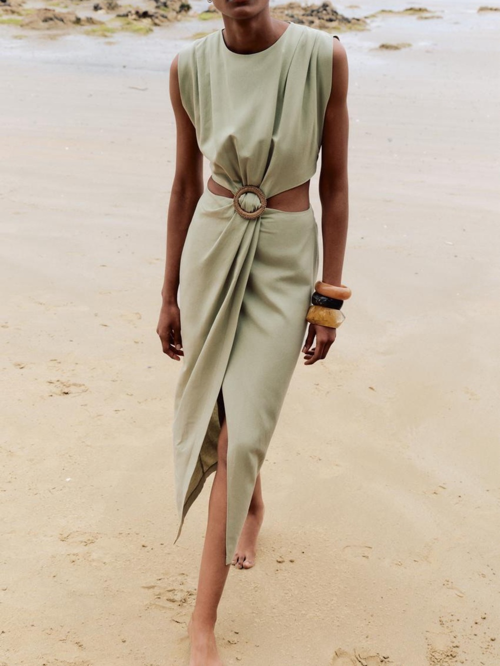 Zara Sage Green High-Low Cutout Linen Dress with Buckle Detail